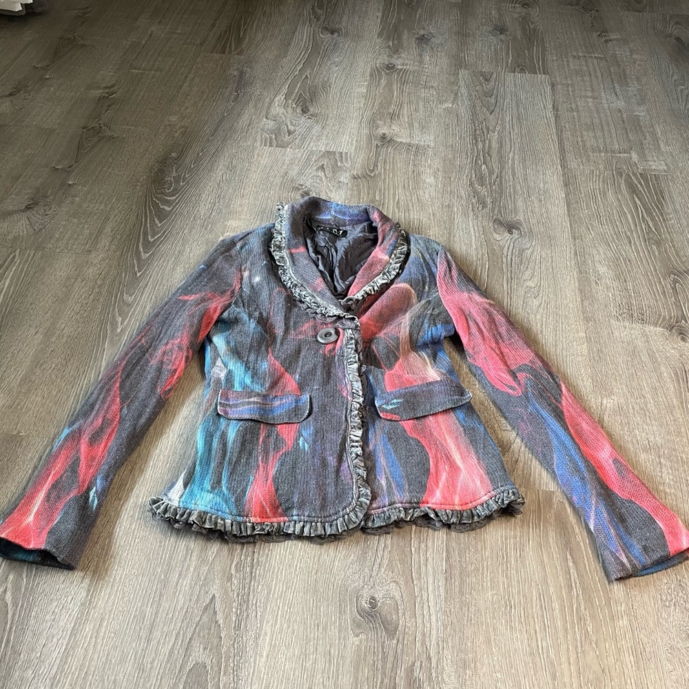 Etouile Du Monde Angora Small/Medium Womens Ruffle Lace Marbled Cardigan Sweater